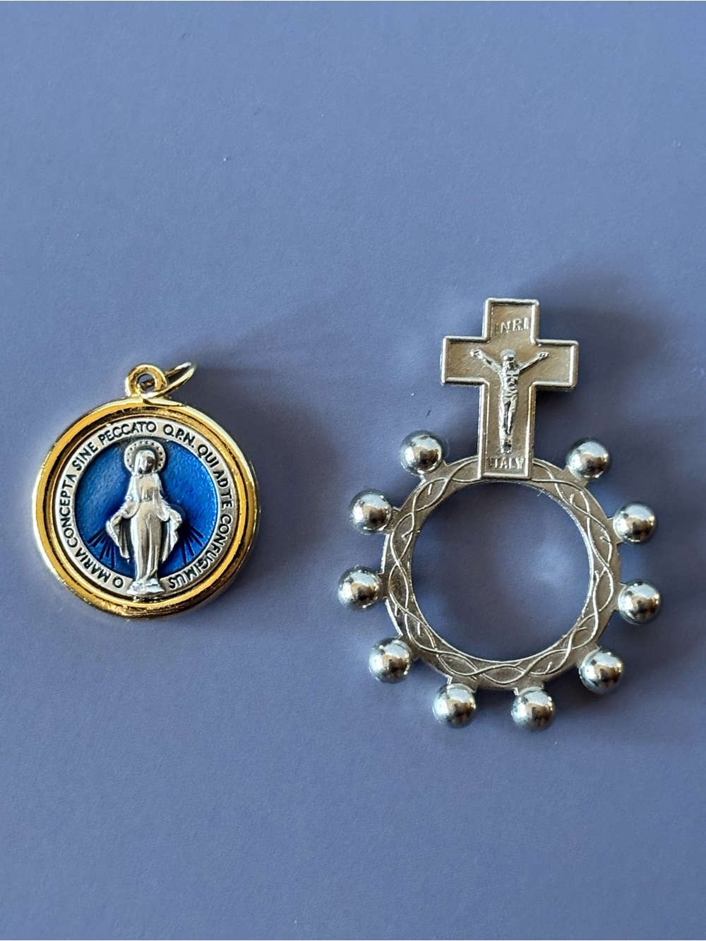 Blue & Gold Marian Pendant with Silver Rosary Ring Accent